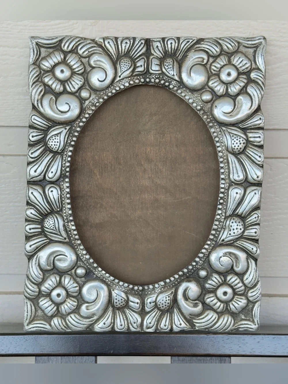 Vintage Pewter? Metal Picture Frame w Ornate Floral & Scroll Repoussé Motif